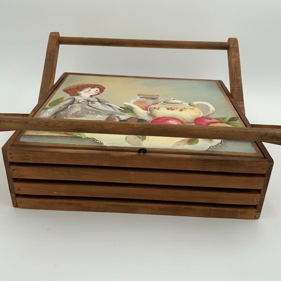 Handmade Vtg Folk Art Wood Sewing Box Carrying Case Hand Painted Cover - Picture 12 of 13